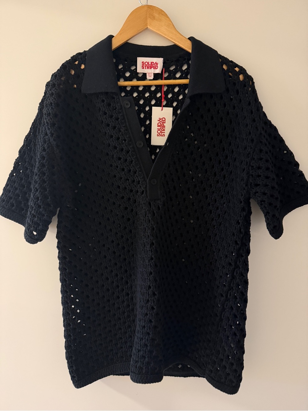 SOLID & STRIPED Black Open-Knit Polo